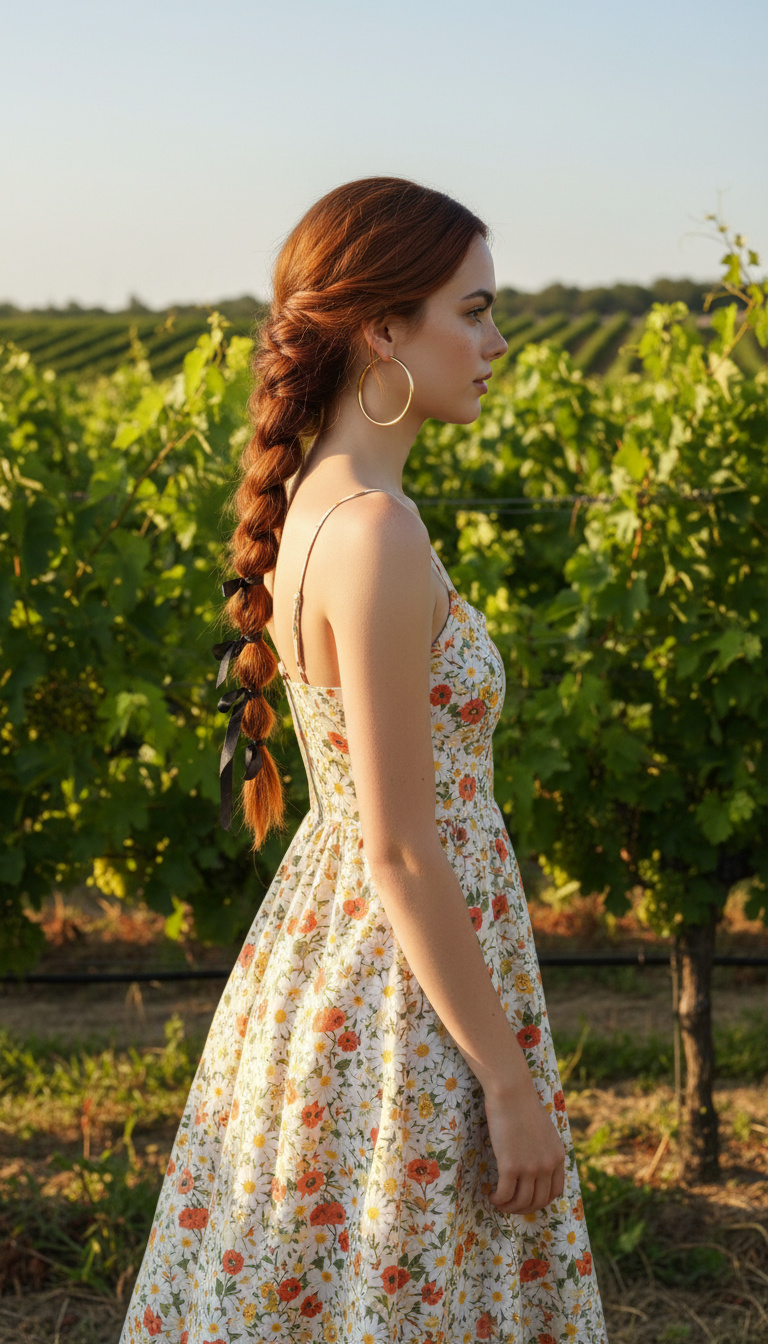 Ganzkörperaufnahme. Eine Frau mit warmem Karamellhaar, das zu einem glatten, engen Bubble Braid gestylt ist, wobei jeder Abschnitt mit einem dünnen schwarzen Seidenband gebunden ist. Weiches, aber helles Gartenlicht beleuchtet die Länge des Zopfes. Sie trägt ein leichtes, geblümtes Baumwoll-Sonnenkleid. Sie schlendert durch einen sonnenbeschienenen Sommer-Weinberg und blickt im Profil weg.

