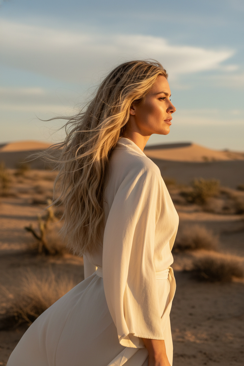 Medium shot of a woman with long, sun-kissed blonde hair cascading in loose, matte waves, a dynamic, wind-swept texture defining each strand. She wears a cream-colored, flowing top, reflecting the serene glow of a desert morning. The composition captures her looking confidently towards the horizon.