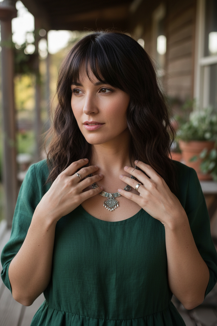 American shot of a woman with dark chocolate brown hair, parted centrally with soft, matte waves framing her face and a light, wispy fringe. Her hair showcases an airy texture, suggestive of a sea salt spray finish. Her hands lightly touch her collarbone, highlighting a silver tribal necklace against a deep green linen dress.