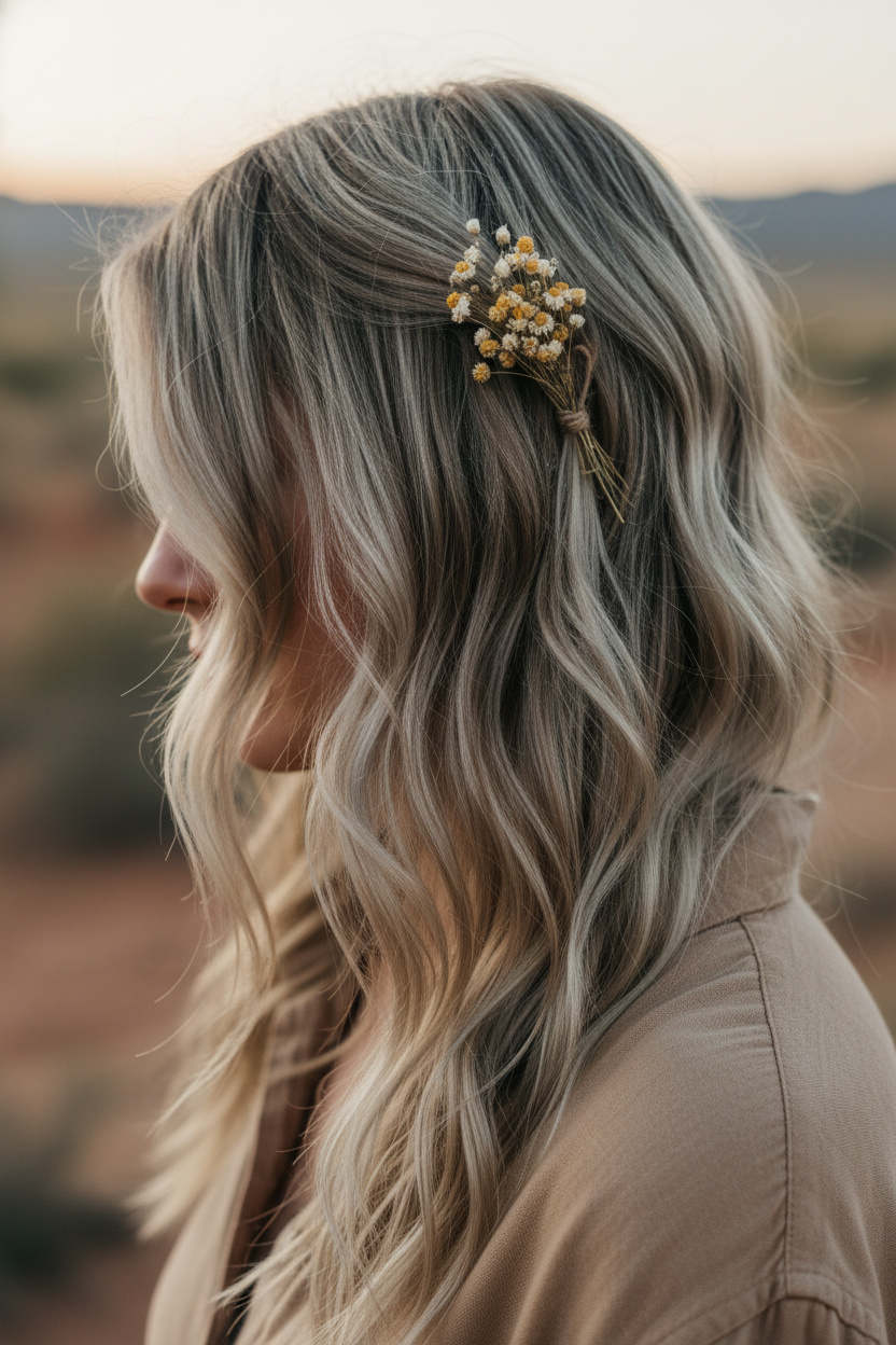 Close-up American shot capturing a section of a woman's flowing, ash-blonde hair styled in loose, matte desert waves, adorned with a small, rustic dried flower accessory. The hair's airy texture and subtle grit are prominent, complementing her simple, earth-toned cotton blouse, suggesting a thoughtful, personal touch.