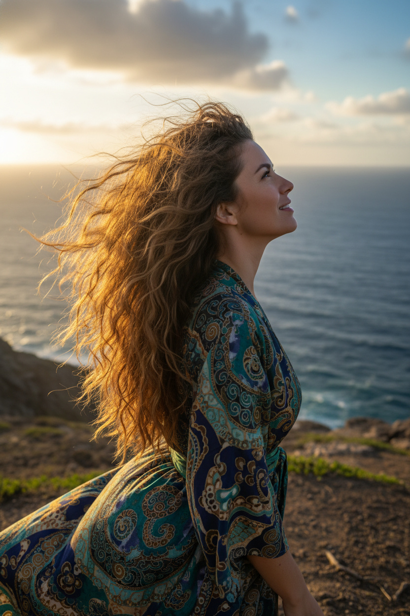 American shot of a woman with vibrant, golden-brown hair, featuring an untamed, voluminous crown with textured, matte waves flowing freely around her shoulders. Her hair appears dramatically wind-blown, capturing a moment of exhilarated movement. She wears a patterned kimono, gazing upwards with a sense of wonder.