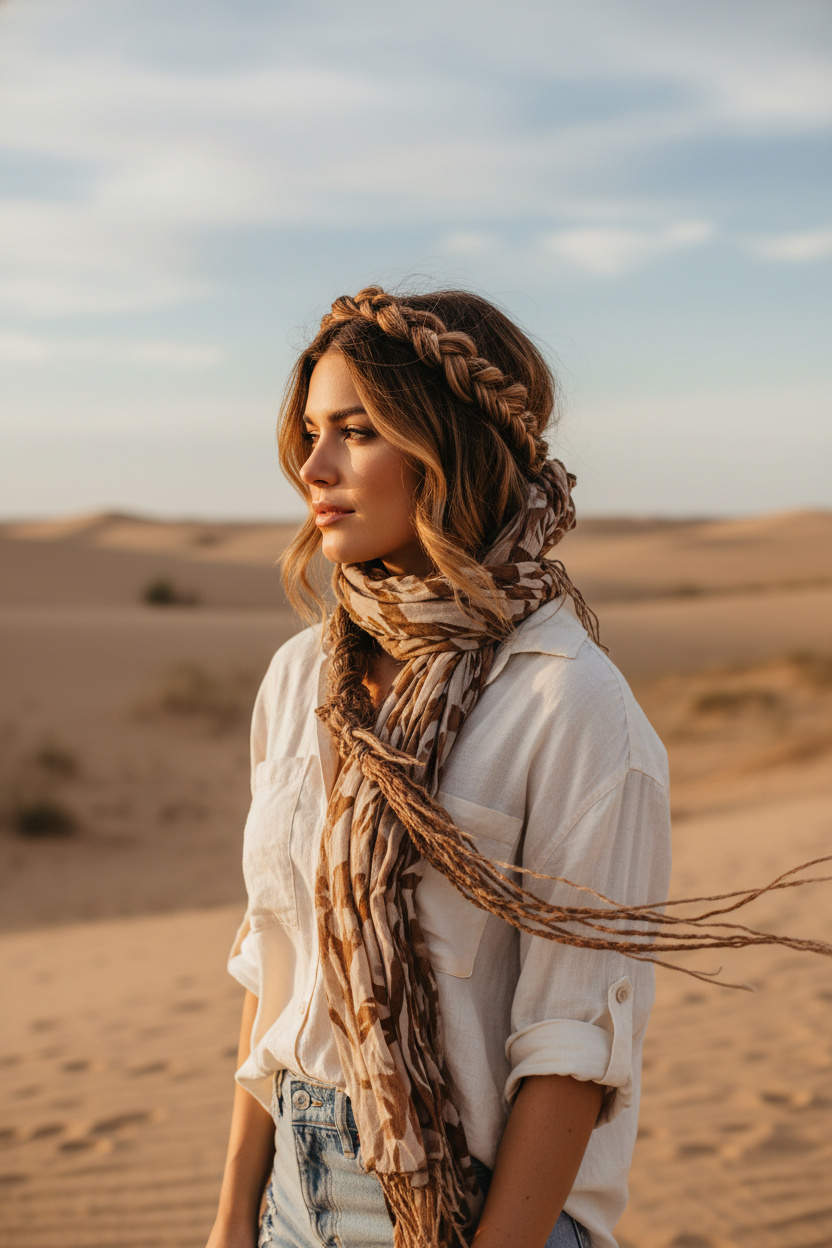 American shot of a woman with warm caramel-toned hair, featuring a loosely woven, textured braid running through the mid-lengths. Her matte waves appear artfully disheveled, adorned with a delicate, earth-toned scarf. Her gaze is soft, as if contemplating the vast desert expanse.
