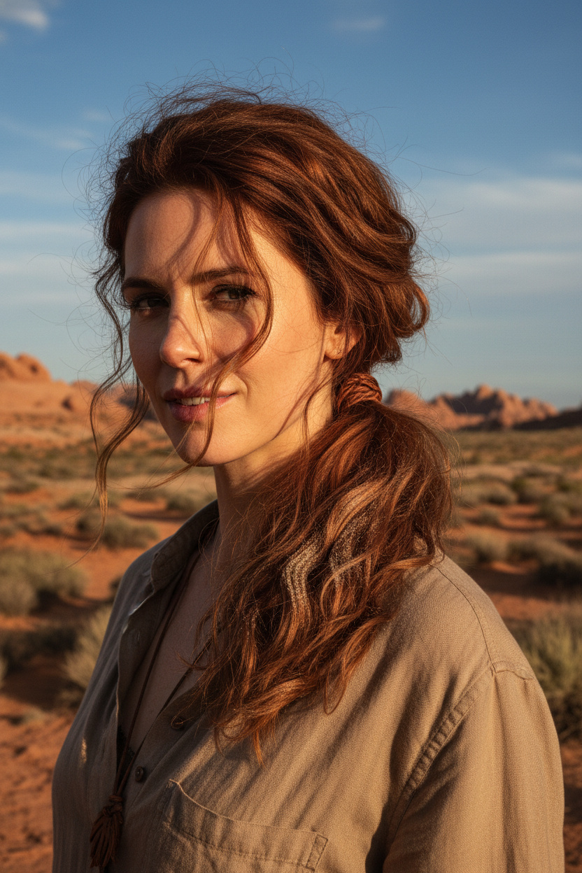 Medium shot of a woman with rich auburn hair pulled into a low, textured ponytail, featuring ample airy volume at the crown. The waves in the ponytail exhibit a matte, almost "sandy" grit, held by a simple leather tie. She smiles subtly, embodying adventurous freedom.