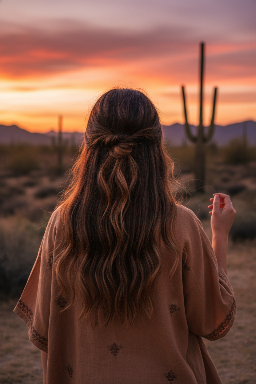 Medium shot from behind of a woman with long, multi-dimensional brunette hair, styled in a half-up twist that appears slightly undone, showcasing matte, air-dried waves. The dynamic pose suggests motion, with a few strands escaping, adding to the relaxed, neo-boho vibe against a sunset desert backdrop.