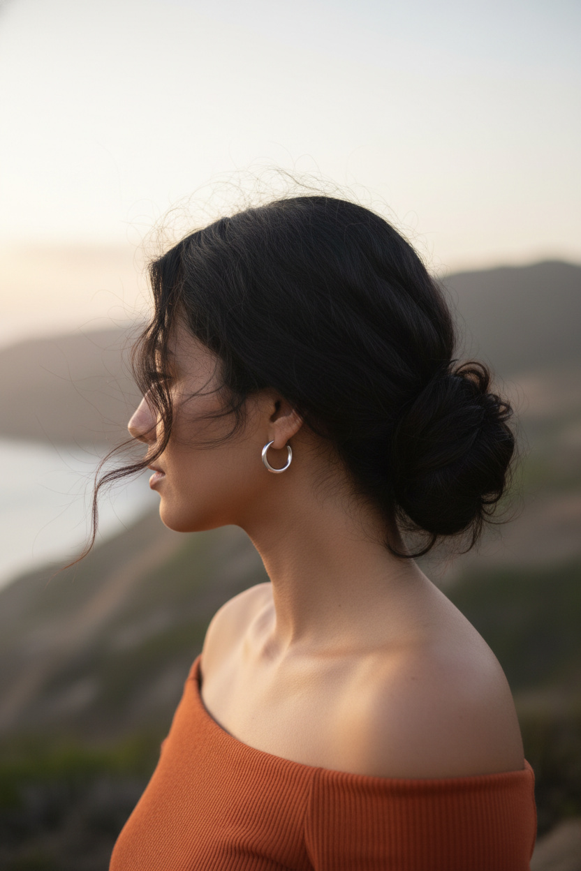 Medium shot of a woman with natural black hair styled in a low, loose bun at the nape of her neck, with several matte, wind-swept strands gracefully escaping to frame her profile. Her hair possesses a soft, airy volume, paired with a simple, silver earring and an off-shoulder, burnt orange top.