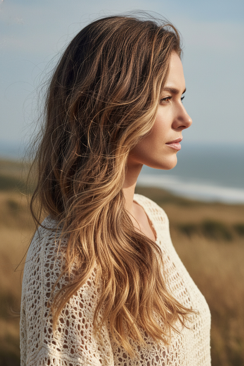Medium shot of a woman with long, dark blonde hair styled with a deep side part, sweeping voluminous, matte waves over one shoulder. The hair’s texture suggests a sea salt finish, appearing wind-kissed and airy. She wears a rustic, crocheted top, looking pensively into the distance.