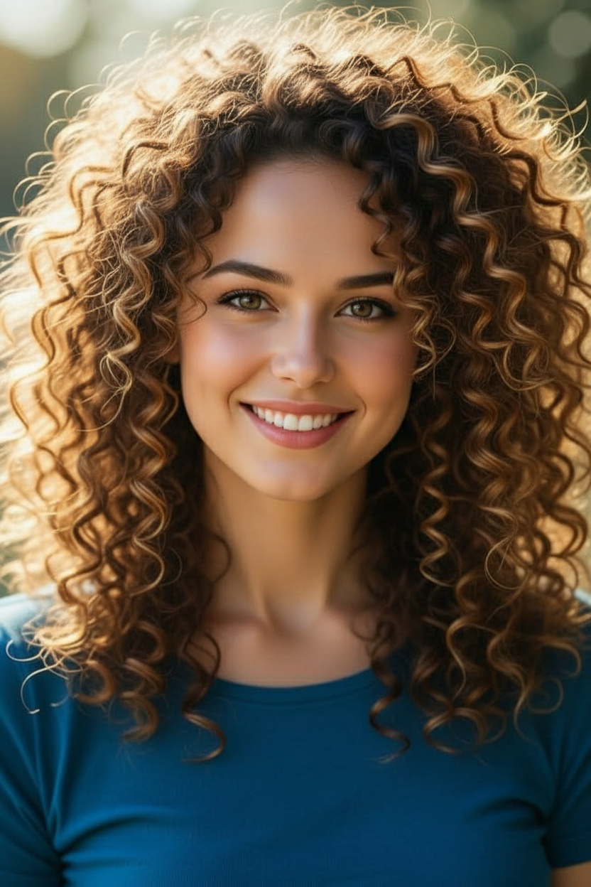 Detailed view of tight, textured curls with golden highlights. Sunlight illuminates the fine flyaways and stray hairs, creating a glowing halo.