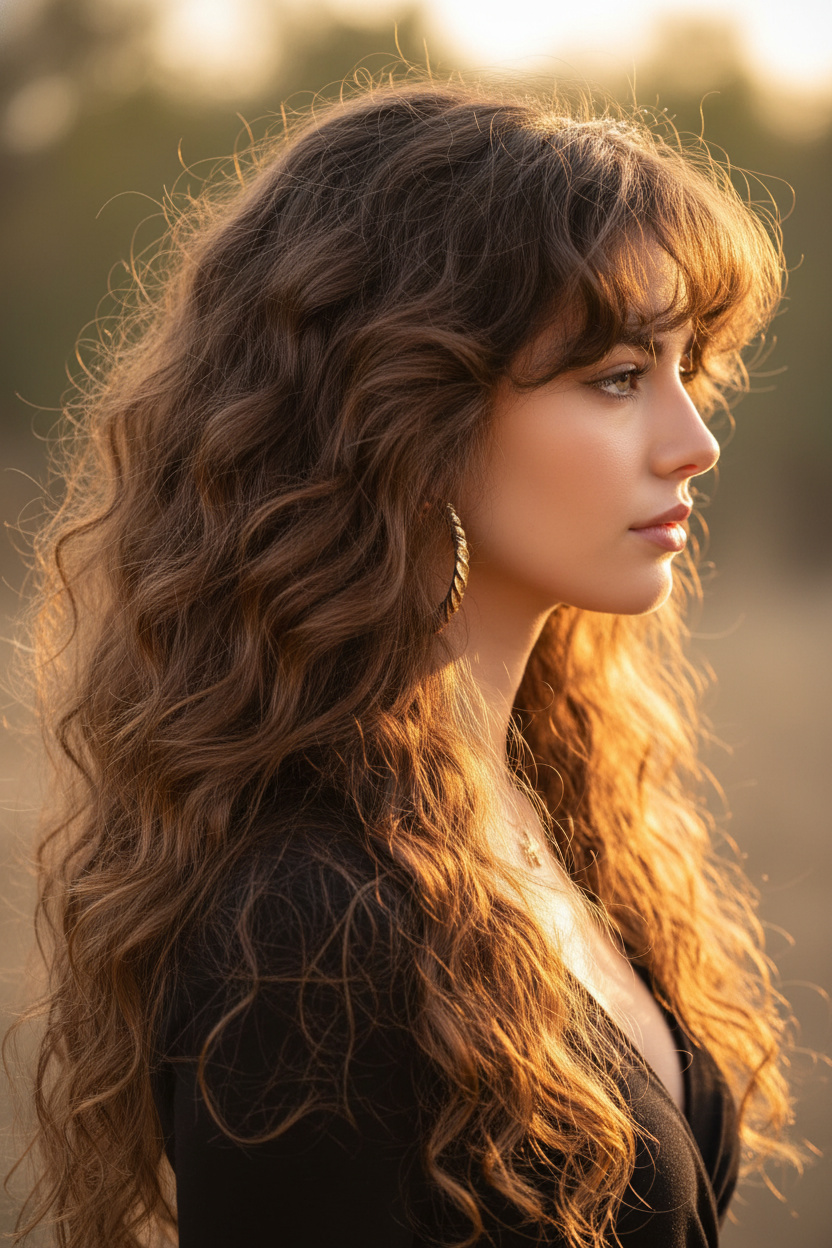 Side view of a layered Hippie Perm with curly bangs. The curls soften the profile. Wearing vintage gold hoop earrings, outdoor golden hour light.