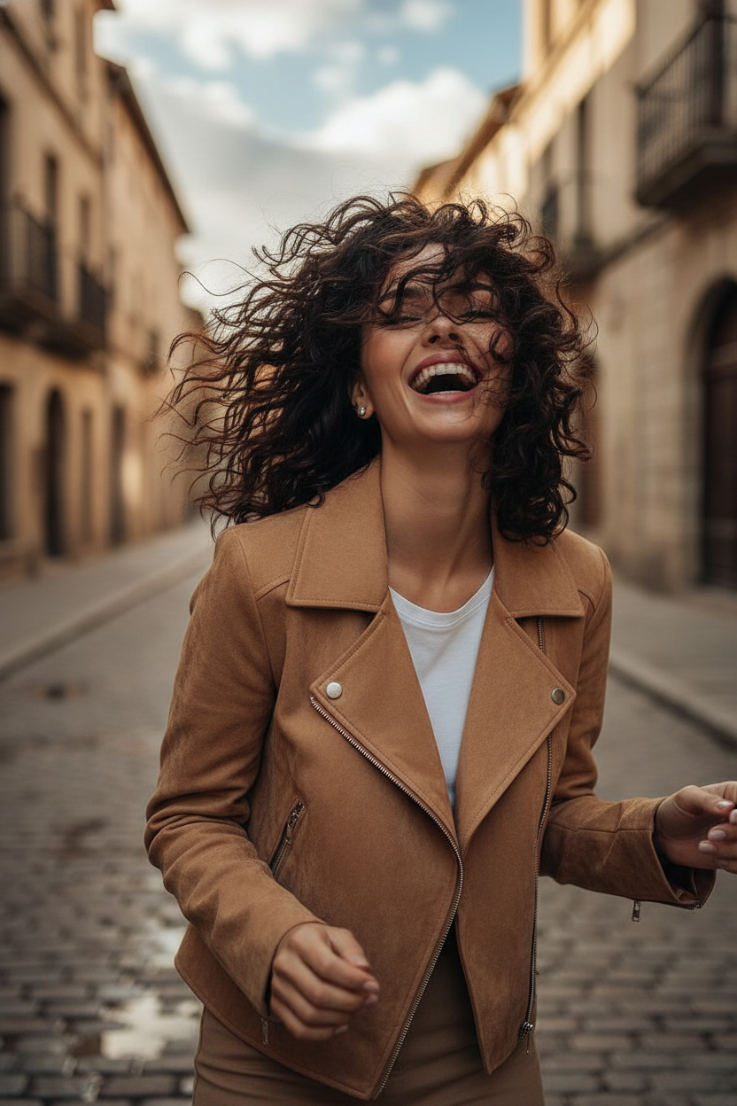 A woman laughing on a cobblestone street, her curly hair blowing across her face. Wearing a tan suede jacket, mid-movement.