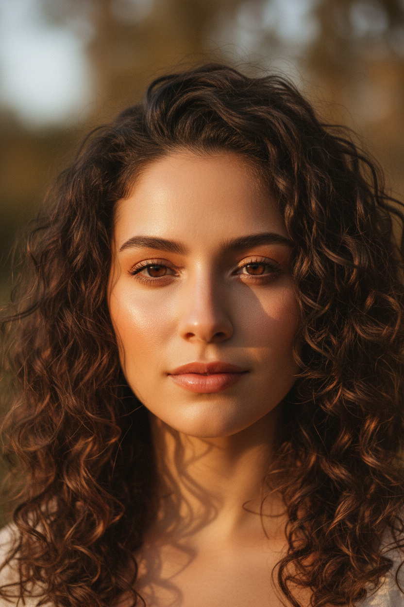 Model looking directly into the camera through a veil of curls. Soft, natural makeup, golden hour shadows on the face.