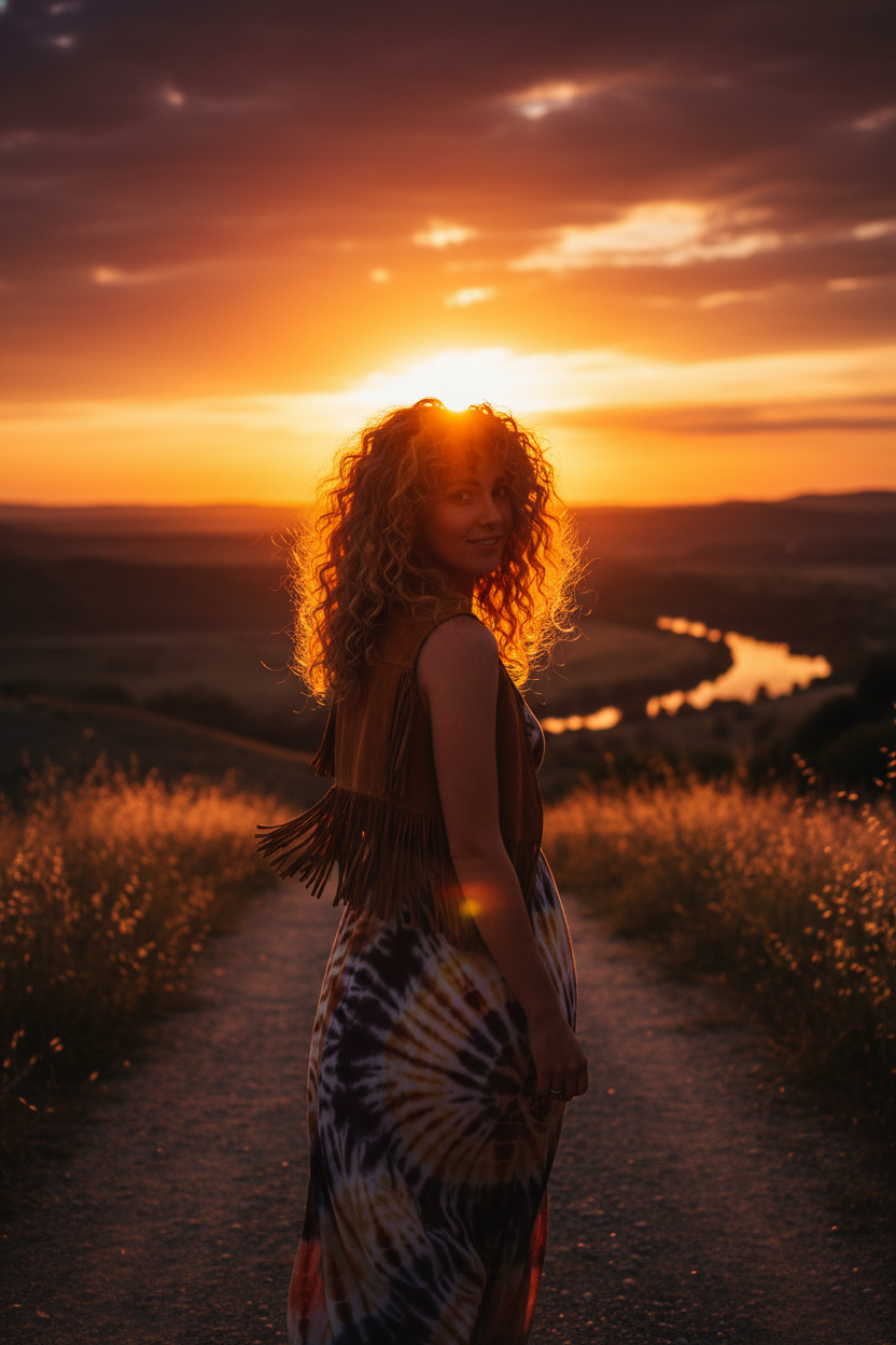 Woman looking back while walking away at peak sunset. Her Hippie Perm is a glowing silhouette of texture and air.