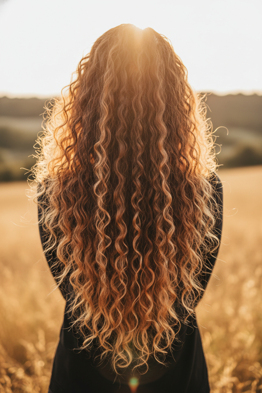 Back view of long, curly hair with the sun shining through the ends. The texture appears translucent and weightless.