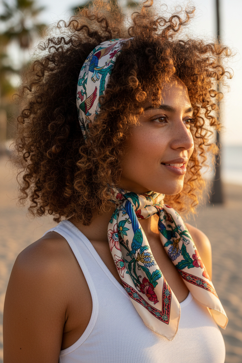 Woman with a messy perm and a printed silk scarf woven through the hair. Wearing a simple white tank top, sun-kissed skin.
