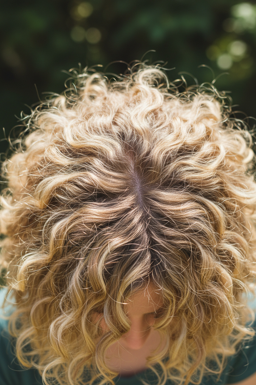 Looking down at the crown of a curly head. Sandy blonde hair with multidimensional tones. The messiness is the focus.