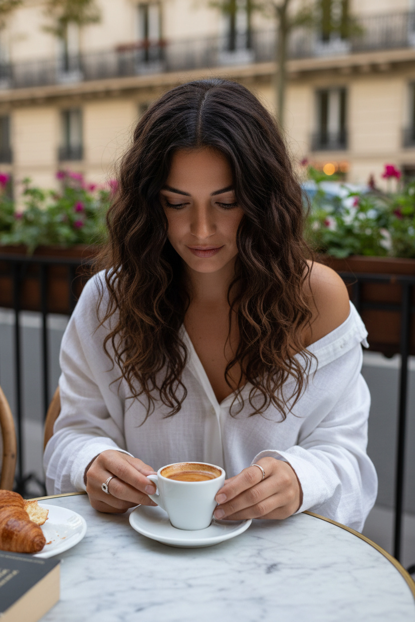 Woman sitting at a marble cafe table, her dark chocolate Hippie Perm cascading over her shoulders. Wearing an oversized white linen shirt, looking down at an espresso.
