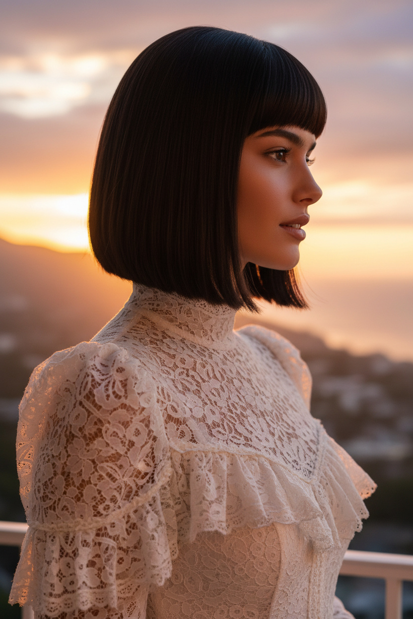 Vue de profil d'un mannequin avec un bob de verre Brunette liquide, longueur menton, et micro-frange ; portant une robe victorienne en dentelle à col haut ; sur un balcon au coucher du soleil ; regardant pensivement au loin.