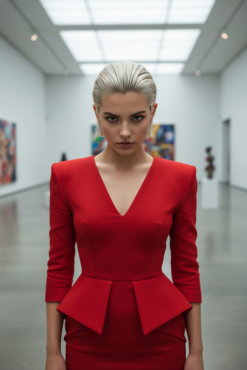 Vue de face d'un mannequin avec une coupe pixie platine coiffée en arrière avec un fini effet mouillé ; portant une robe architecturale rouge audacieuse ; dans une galerie d'art moderne ; regardant directement et férocement la caméra.