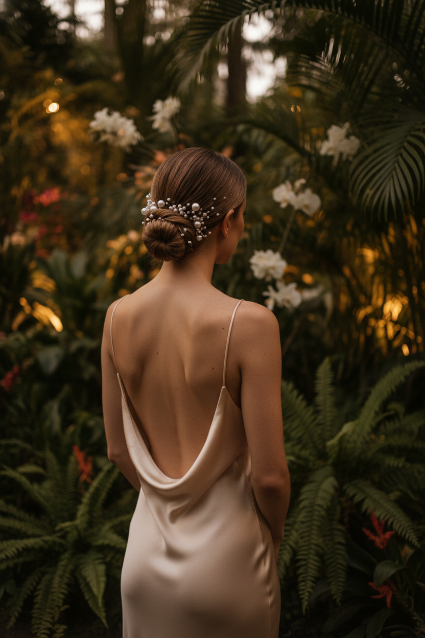Vue arrière de la tête d'un mannequin montrant un petit chignon bas sur cheveux courts orné de perles de tailles variées ; portant une robe nuisette en soie dos nu ; dans un jardin botanique au crépuscule ; la tête légèrement tournée.