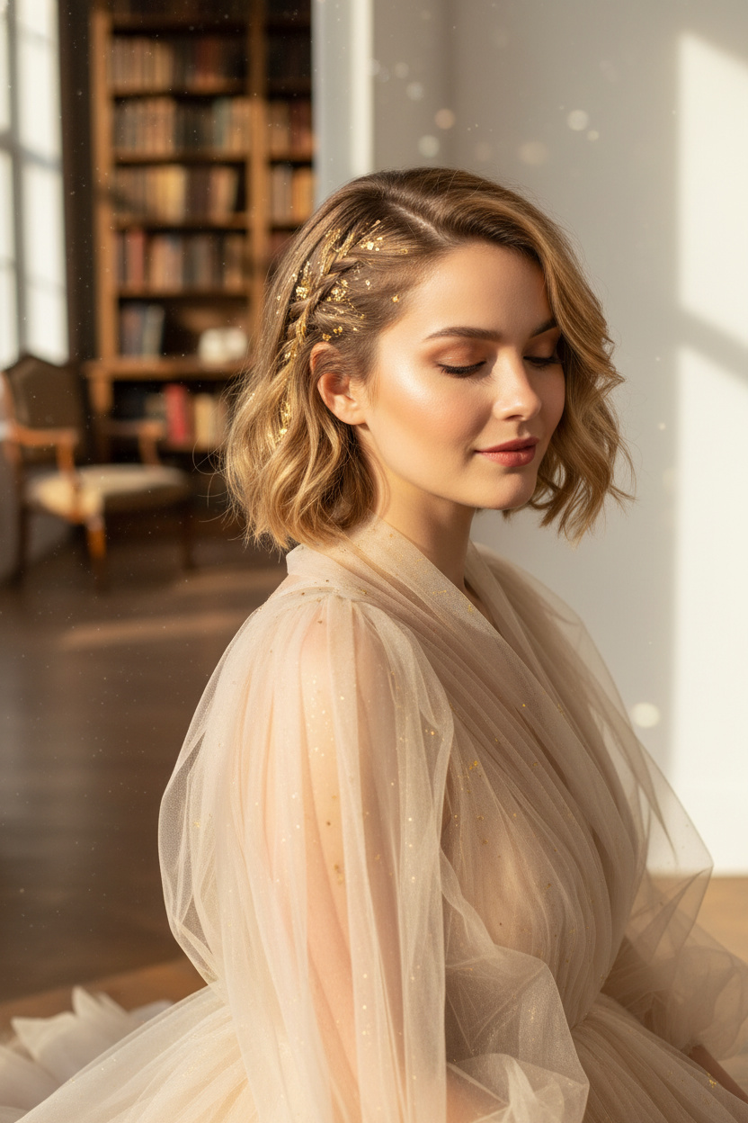 Gros plan d'un mannequin avec des cheveux courts blond miel présentant une tresse latérale infusée de paillettes de feuille d'or ; portant une robe éthérée en tulle ; dans une bibliothèque ensoleillée ; yeux fermés paisiblement.