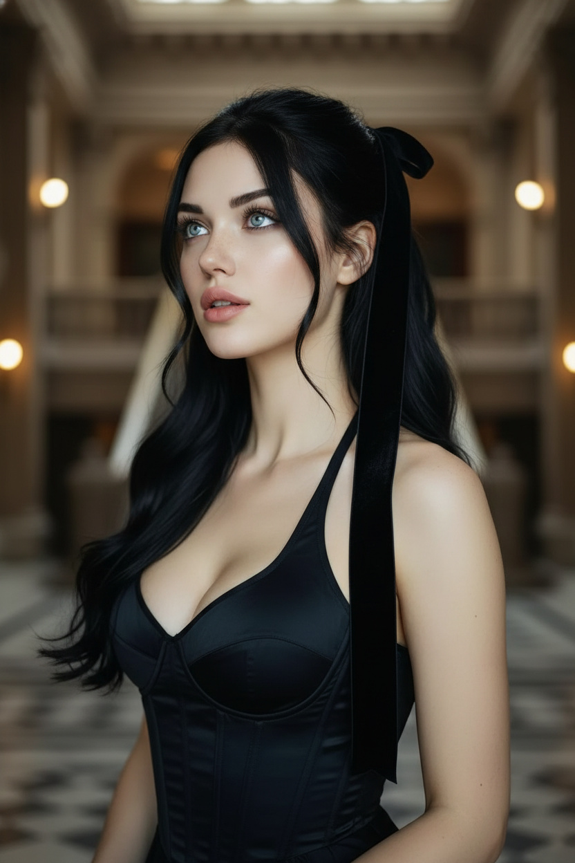 Plan du torse d'un mannequin avec un bob ondulé, la moitié supérieure rassemblée avec un long ruban de velours noir ; portant une robe moderne style corset ; dans un grand hall d'entrée ; regardant vers le haut avec une expression rêveuse.