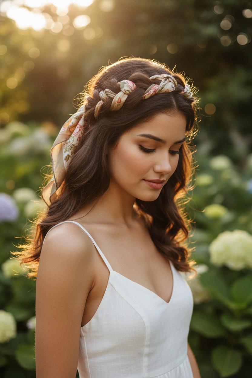 Imagen 3: La Corona de Pañuelo de Seda Vintage Primer plano de la parte superior del cuerpo, corona trenzada romántica entrelazada con un pañuelo de seda vintage en cabello castaño cálido, vistiendo un vestido de verano de lino, jardín botánico soleado, modelo mirando suavemente hacia abajo.