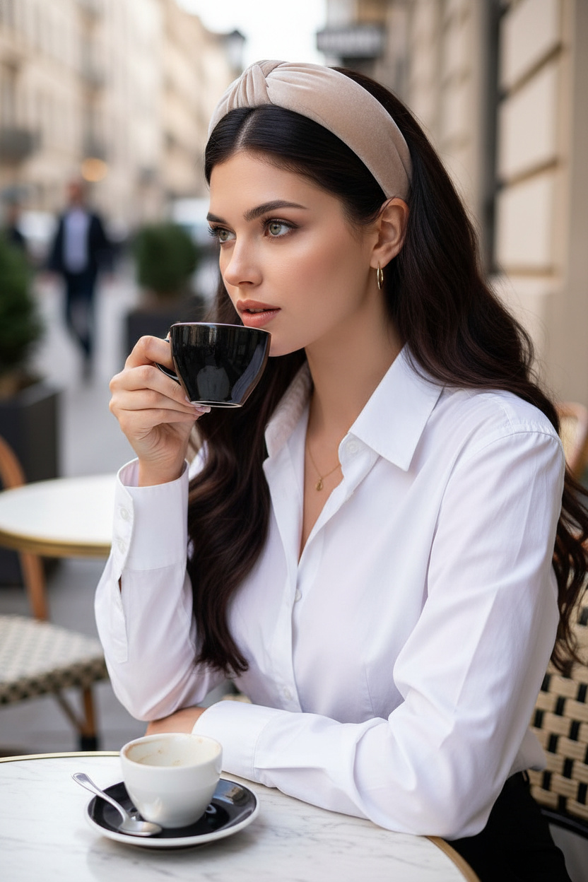 Imagen 6: La diadema de terciopelo "Tuck" Primer plano de la parte superior del cuerpo, ondas sueltas voluminosas con una diadema de terciopelo acolchada en rubio ceniza, vistiendo una camisa de popelina impecable, elegante cafetería callejera, modelo bebiendo café y mirando hacia otro lado.