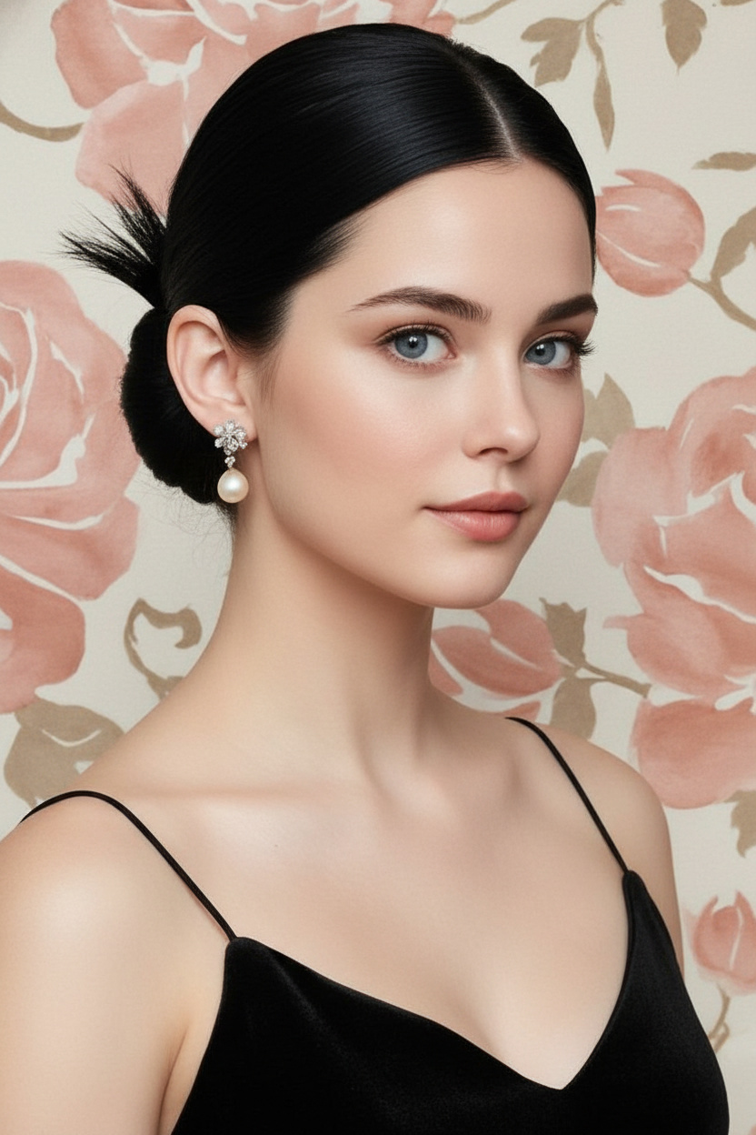Nahaufnahme des Oberkörpers, glatter und gestraffter Mittelscheitel-Spitzen-Dutt in tiefem Schwarz, trägt ein minimalistisches schwarzes Samt-Slip-Kleid, High-End-Studiobeleuchtung, Model mit durchdringendem, wildem Blick.