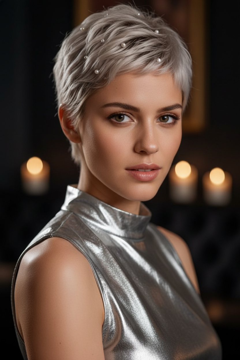 Nahaufnahme des Oberkörpers, texturierter kurzer Pixie-Schnitt mit verstreuten Perlen-Gems in Platinblond, trägt ein silbernes Metallic-High-Neck-Kleid, stimmungsvolle VIP-Lounge-Beleuchtung, Model mit starkem Augenkontakt.