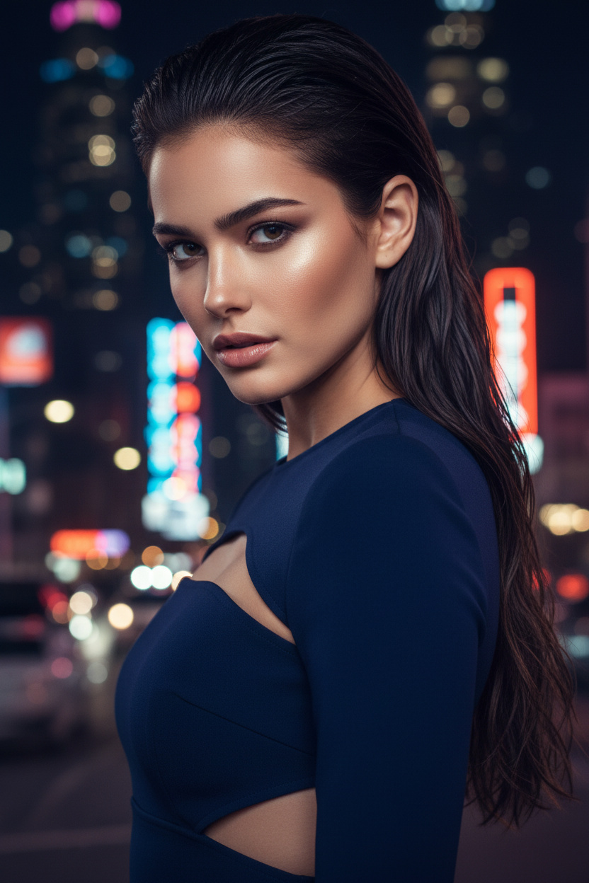 Nahaufnahme des Oberkörpers, glatter Wet-Look-Meerjungfrauen-Wellen in dunklem Espresso, trägt ein auffälliges marineblaues Cut-Out-Kleid, neonbeleuchtete Nachtstadthintergrund, Model blickt wild in die Kamera.
