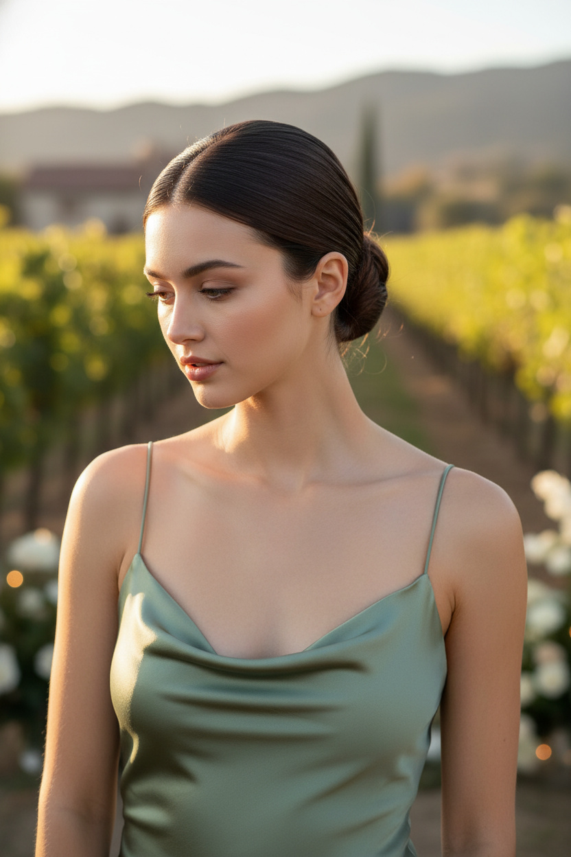 Oberkörper-Nahaufnahme, ultra-glatter und geschmeidiger tiefer Chignon-Knoten in sattem Espressobraun, trägt ein minimalistisches smaragdgrünes Seiden-Slip-Kleid, elegante Outdoor-Weinberg-Hochzeitsszene, Model blickt nachdenklich nach unten.
