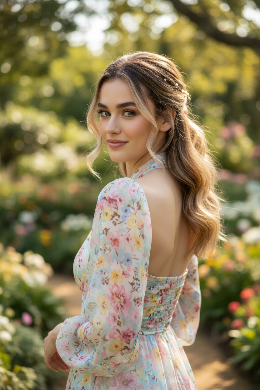 Oberkörper-Nahaufnahme, weiche, wellige Half-Up-Half-Down-Frisur in Honigblond-Balayage, verziert mit winzigen Perlen-Pins, trägt ein pastellfarbenes Blumen-Chiffon-Neckholder-Kleid, sonniger botanischer Garten, Model lächelt sanft über die Schulter.