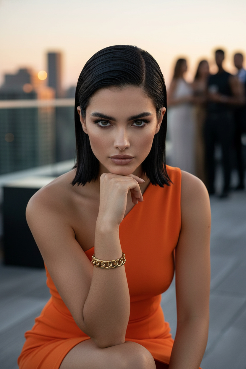 Oberkörper-Nahaufnahme, glatt zurückgekämmter, skulpturierter Wet-Look-Bob in Mitternachtsschwarz, trägt ein auffälliges, leuchtend orangefarbenes One-Shoulder-Kleid, moderne Dachterrassen-Sonnenuntergangs-Empfang, Model blickt intensiv in die Kamera.