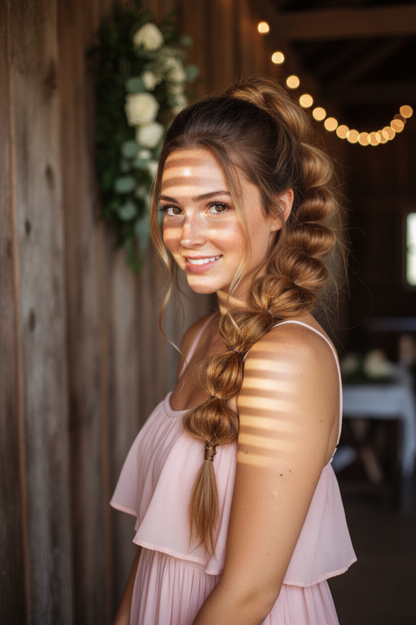 Oberkörper-Nahaufnahme, voluminöser Bubble Braid High Ponytail in sonnengeküsstem Karamellblond, trägt ein romantisches, blush-pinkes, gestuftes Sommerkleid, rustikaler Scheunenhochzeits-Hintergrund, Model blickt verspielt nach vorne.