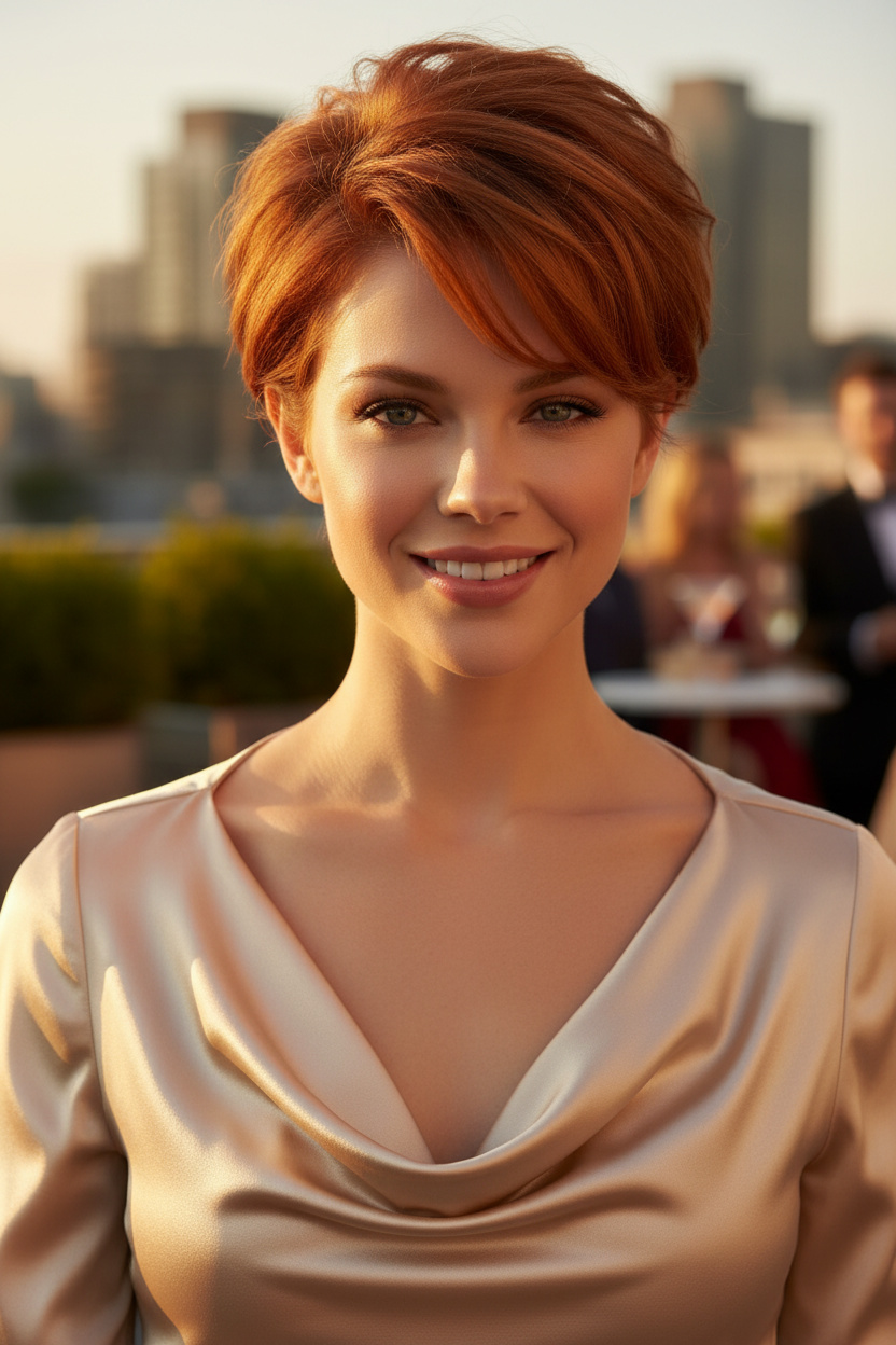 Oberkörper-Nahaufnahme, nach hinten gekämmter, voluminöser kurzer Pixie-Schnitt in warmem Kupferrot, trägt ein champagnerfarbenes Satin-Cowl-Neck-Oberteil, Cocktailterrasse bei goldenem Abendlicht, Model lächelt herzlich.