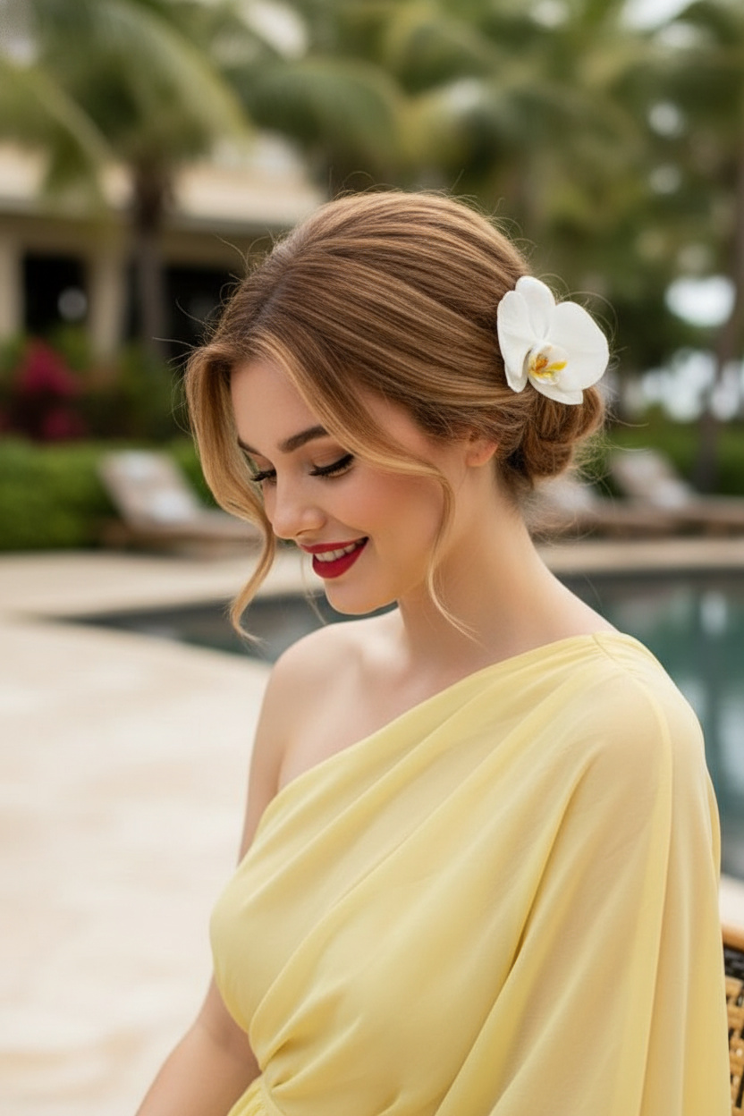 Oberkörper-Nahaufnahme, weicher, unordentlicher tiefer Tuck-Updo in goldenem Bronde, verziert mit einer echten weißen Orchidee, trägt ein hellgelbes One-Shoulder-Kleid, üppige tropische Resort-Kulisse, blickt anmutig nach unten.