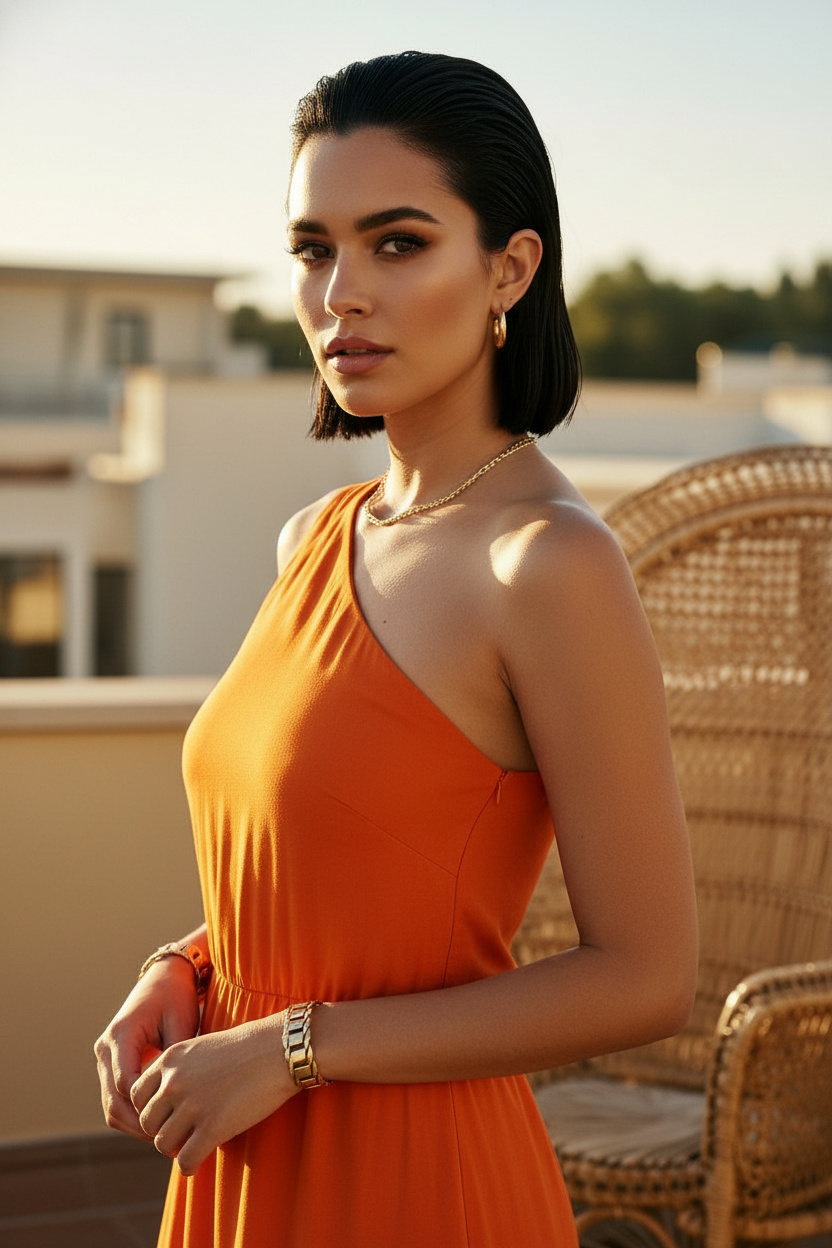 Image 3: The High-Fashion Wet-Look Bob Upper body close-up, slicked-back sculpted wet-look bob in midnight black, wearing a bold vibrant orange one-shoulder maxi dress, modern rooftop sunset reception, model making fierce eye contact.
