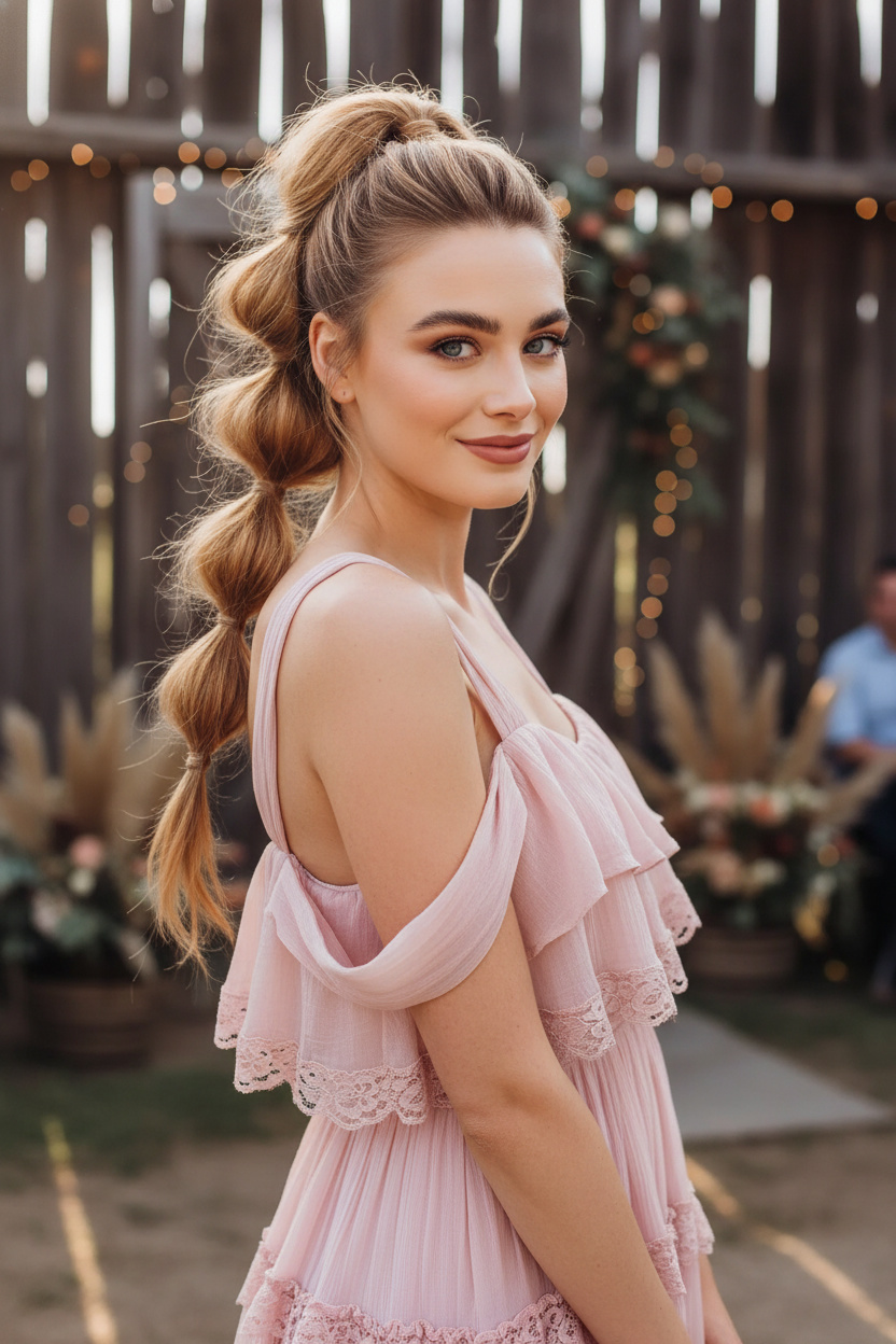 Image 5: The Boho Bubble Braid Upper body close-up, voluminous bubble braid high ponytail in sun-kissed caramel blonde, wearing a romantic blush pink tiered summer dress, rustic barn wedding background, model looking playfully forward.