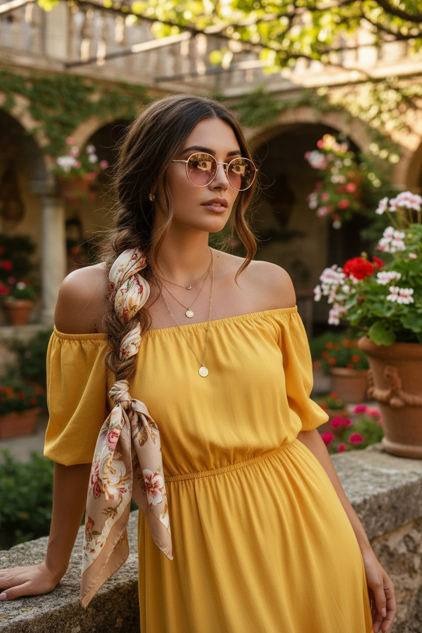 Image 6: The Silk Scarf Woven Braid Upper body close-up, loose messy side braid intertwined with a floral silk scarf in ash blonde, wearing a yellow off-the-shoulder midi dress, lush Italian villa courtyard, model with a relaxed elegant posture.