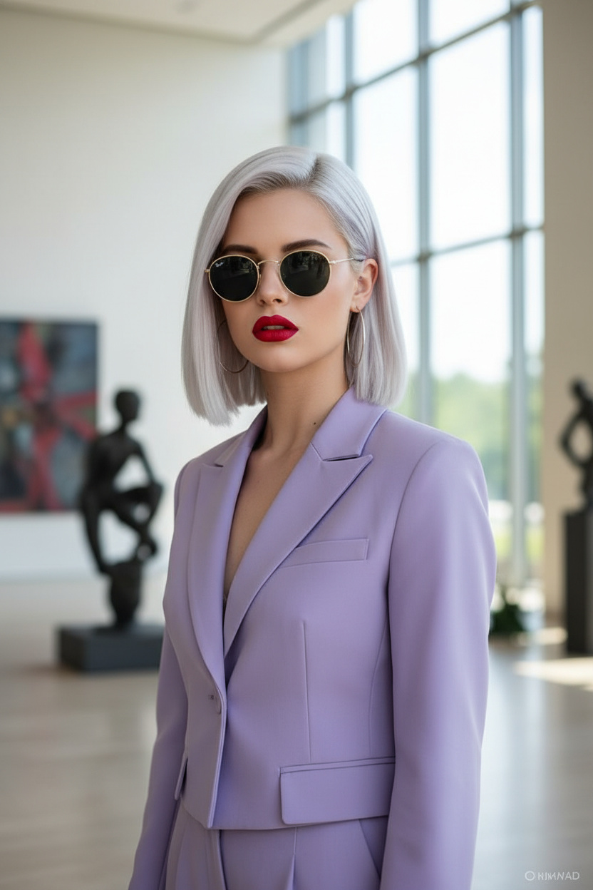 Image 8: The Glass Hair Straight Lob Upper body close-up, blunt ultra-straight liquid glass long bob in icy platinum blonde, wearing a tailored lavender summer suit, modern art museum wedding venue, model looking directly into the lens.
