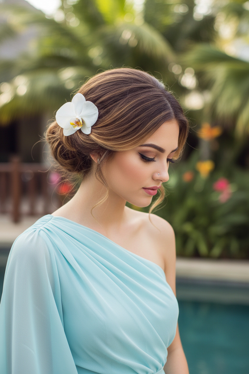 Image 9: The Fresh Floral Tuck Upper body close-up, soft messy low tuck updo in golden bronde adorned with a real white orchid, wearing a light blue one-shoulder chiffon dress, lush tropical resort setting, model looking gracefully down.