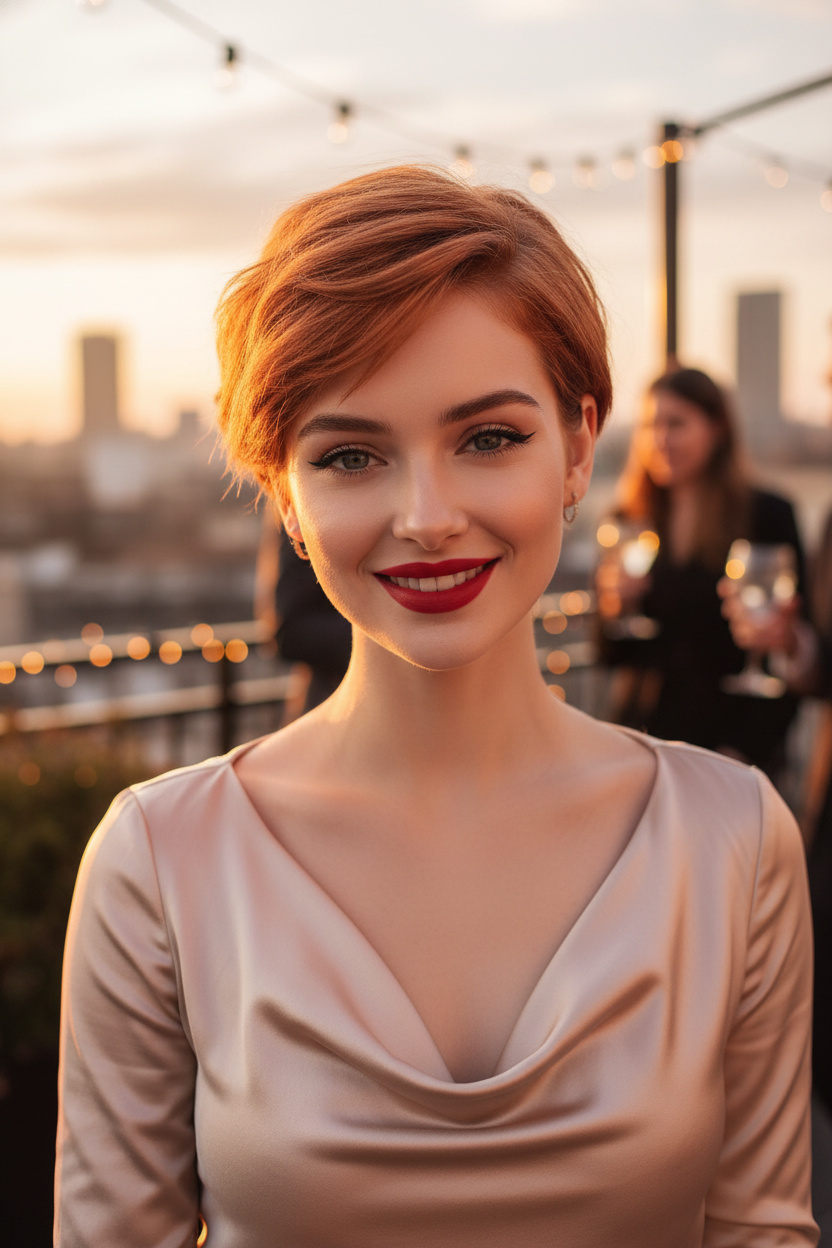 Image 10: The Swept-Back Voluminous Pixie Upper body close-up, swept-back voluminous short pixie cut in vibrant copper red, wearing a champagne satin cowl-neck top, golden hour cocktail terrace, model smiling warmly.