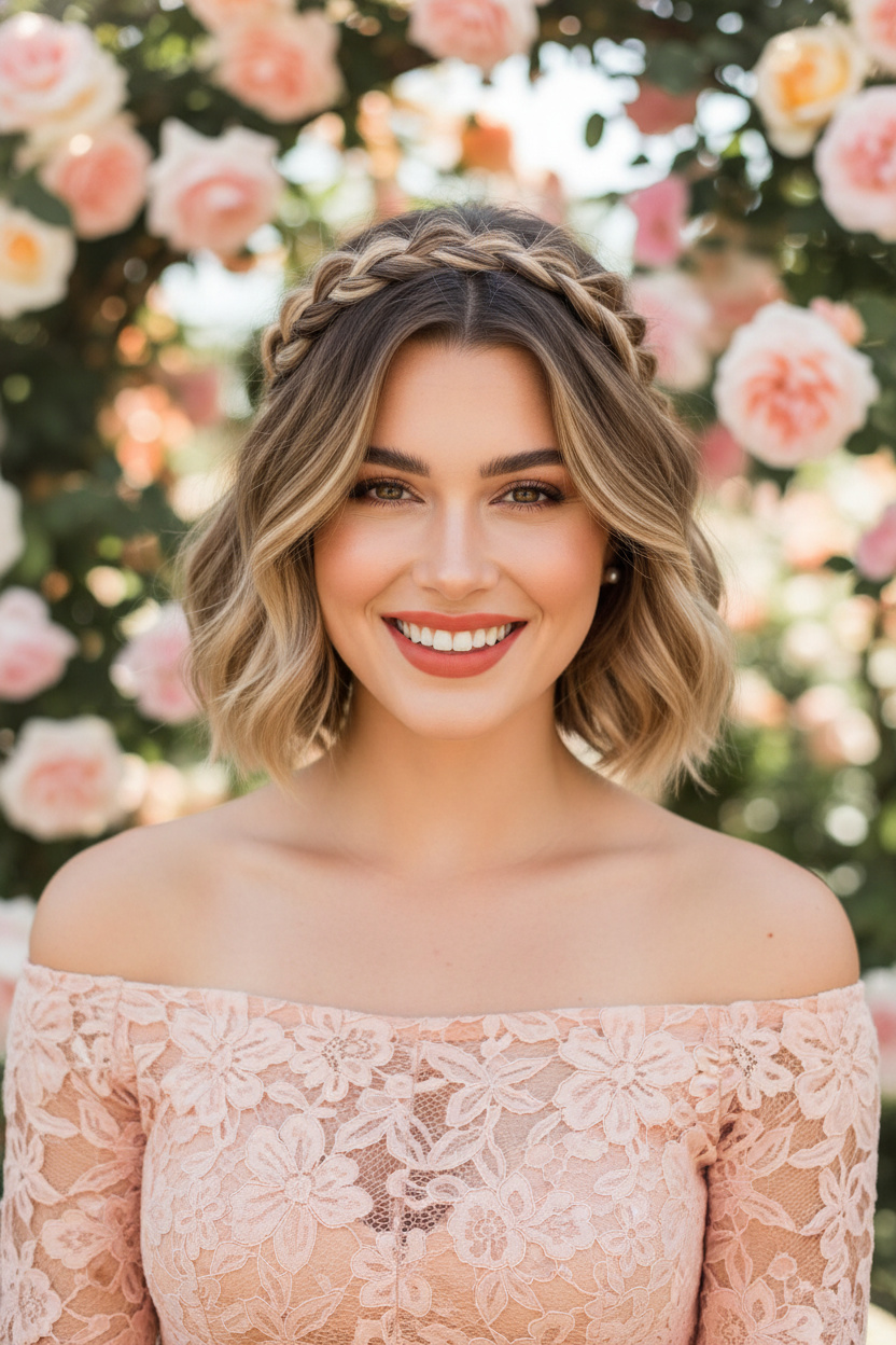 Image 13: The Braided Crown Headband Upper body close-up, short wavy bob with a delicate braided crown across the front in warm sandy blonde, wearing a peach off-shoulder lace top, blooming rose garden wedding, model smiling directly at camera.
