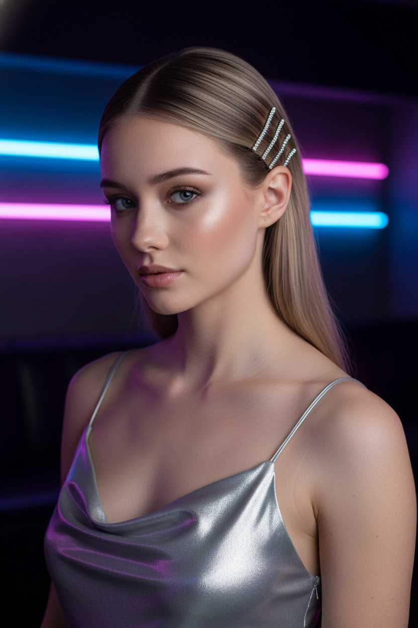 Image 15: The Asymmetrical Crystal Pin Tuck Upper body close-up, sleek straight hair tucked tightly behind one ear with a stack of sparkling crystal bobby pins in ash brown, wearing a silver metallic slip dress, neon-lit after-party lounge, model with a fierce expression.