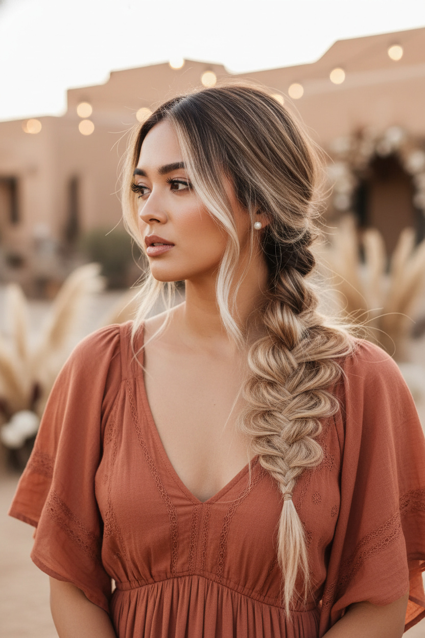 Image 16: The Tousled Fishtail Braid Upper body close-up, thick textured and pulled-apart side fishtail braid in vanilla blonde balayage, wearing a flowy terracotta boho summer dress, desert chic wedding venue, model looking thoughtfully into the distance.