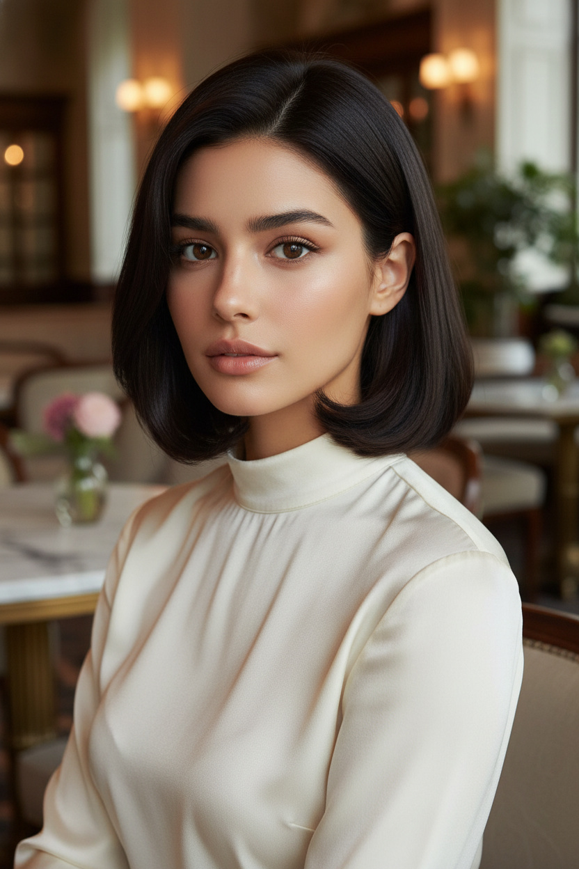 Upper body close-up, smooth Korean bob with inward C-curl, rich espresso brown hair, ivory silk blouse, luxury Seoul cafe, looking elegantly at the camera.