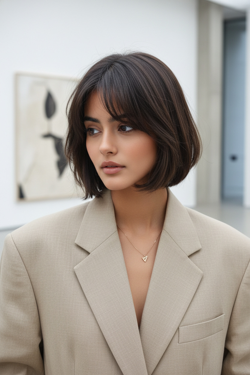 Upper body close-up, softly layered Korean hush bob with airy bangs, ash brown hair, oversized beige linen blazer, modern minimalist art gallery, looking thoughtfully downwards.