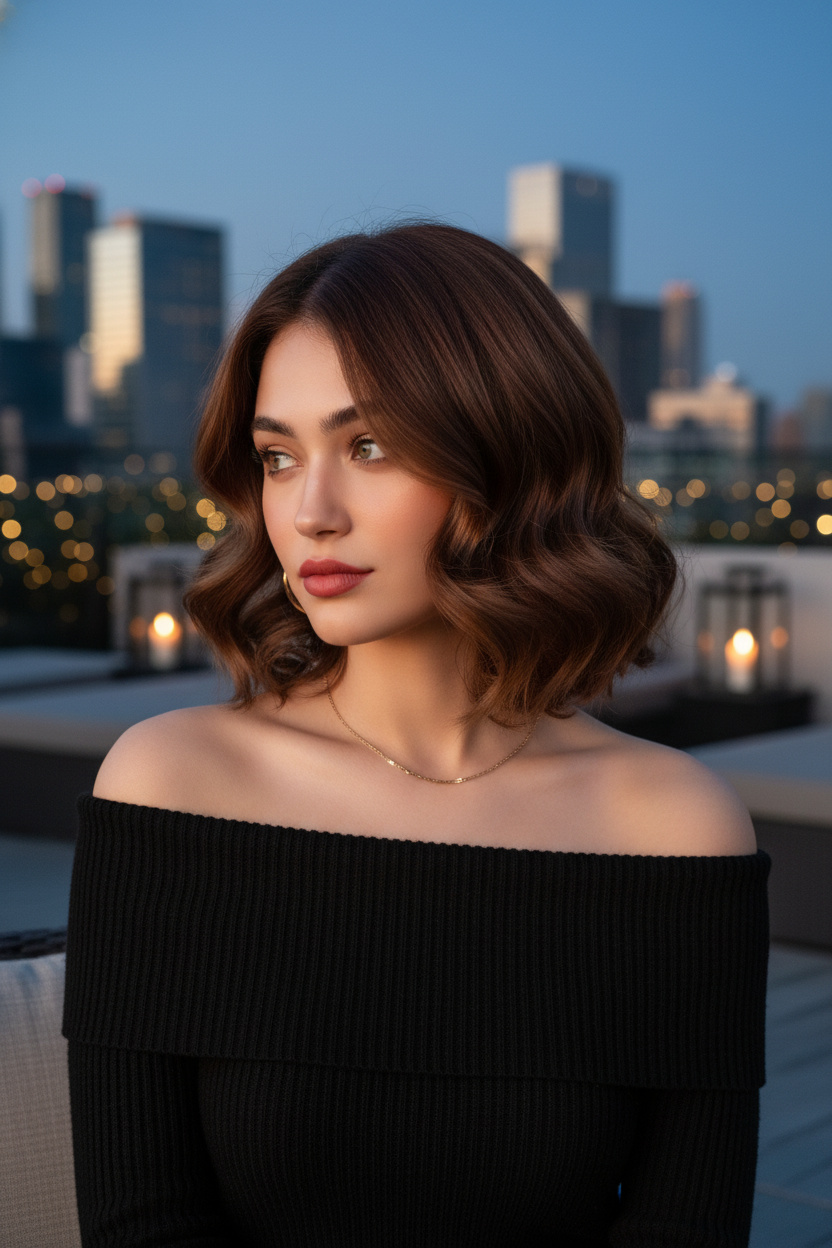 Upper body close-up, voluminous Korean bob with soft S-curls, warm chestnut brown hair, black off-the-shoulder knit top, high-end rooftop lounge at dusk, gazing softly to the side.