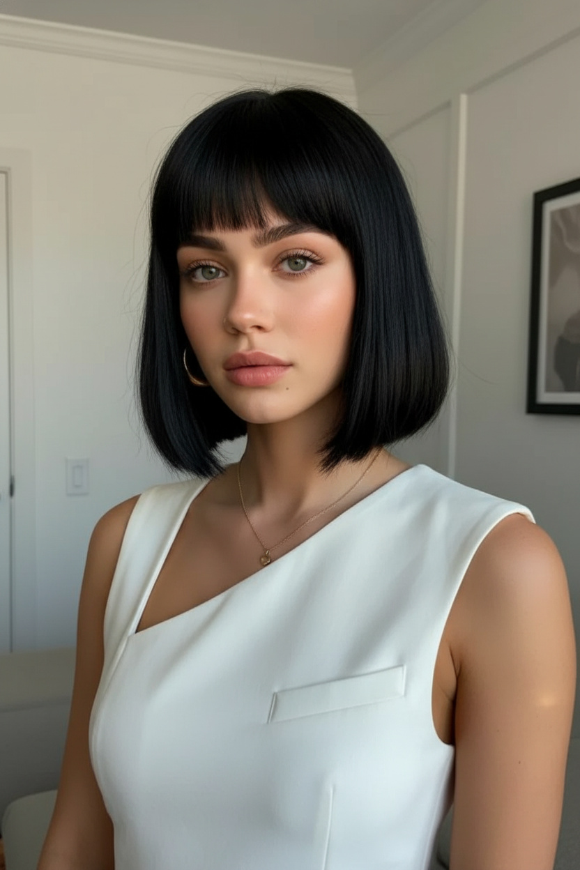 Upper body close-up, blunt sleek Korean tassel bob, jet black hair, structured white asymmetric vest, sunlit modern apartment, piercing direct gaze into the lens.