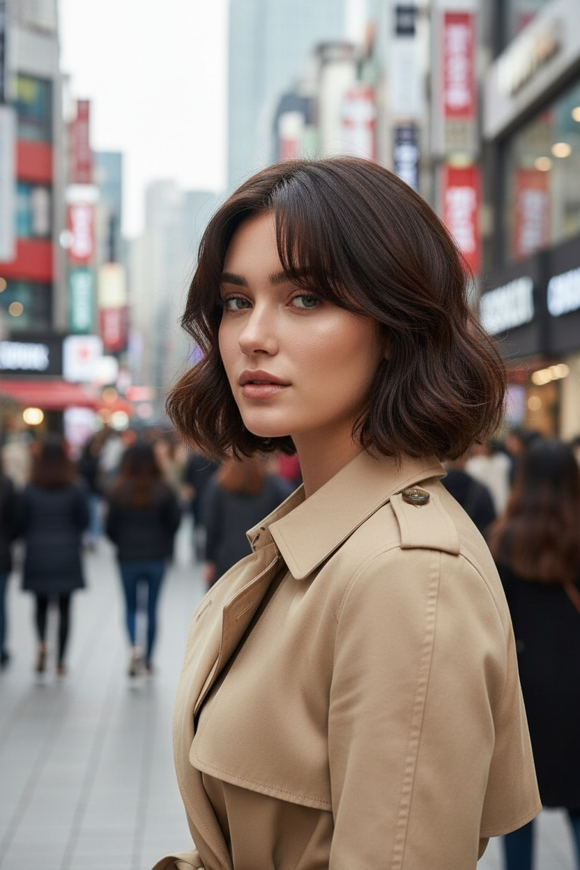 Upper body close-up, bouncy Korean bob with sweeping curtain bangs, dark chocolate brown hair, classic beige trench coat, bustling Seoul shopping district, looking confidently forward.