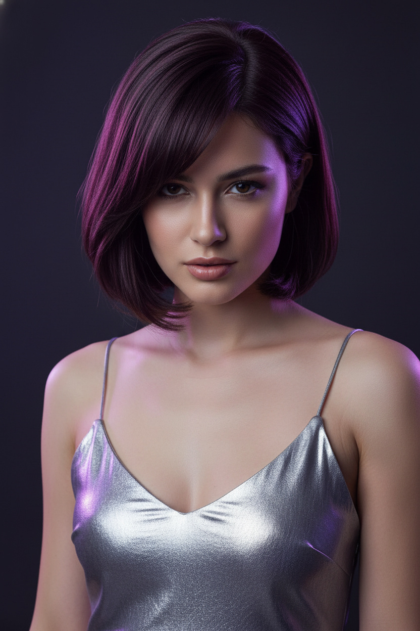 Upper body close-up, subtly textured wet-look Korean bob, deep plum brown hair, metallic silver slip dress, studio with neon glow, staring fiercely into the camera.